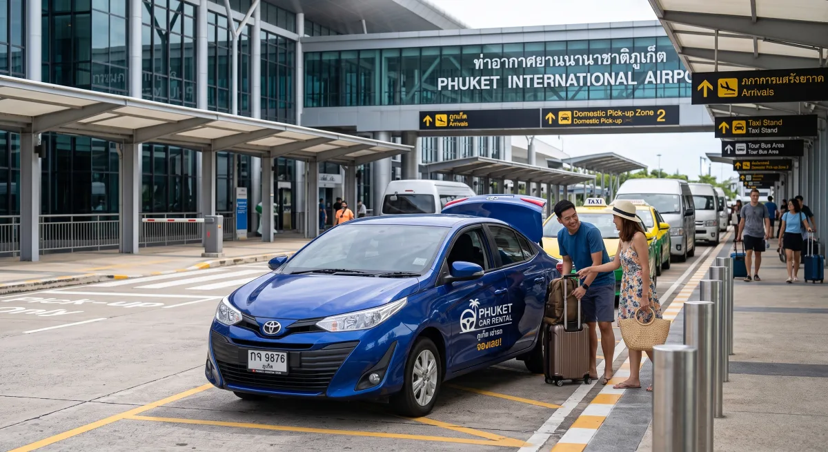 Blue transfer sedan picking up travellers outside Phuket International Airport terminal