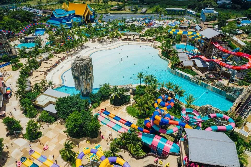 Aerial view of Andamanda Phuket water park with its wave pool and colourful slides