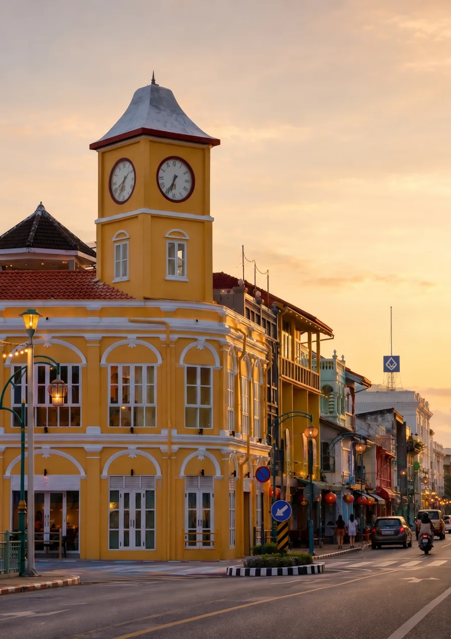 The Phuket old-town clock tower and yellow Sino-Portuguese buildings at sunset